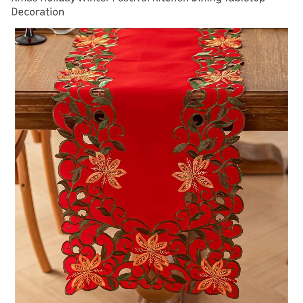 Festive Red Table Runner with Gold and Green Accents 14x33